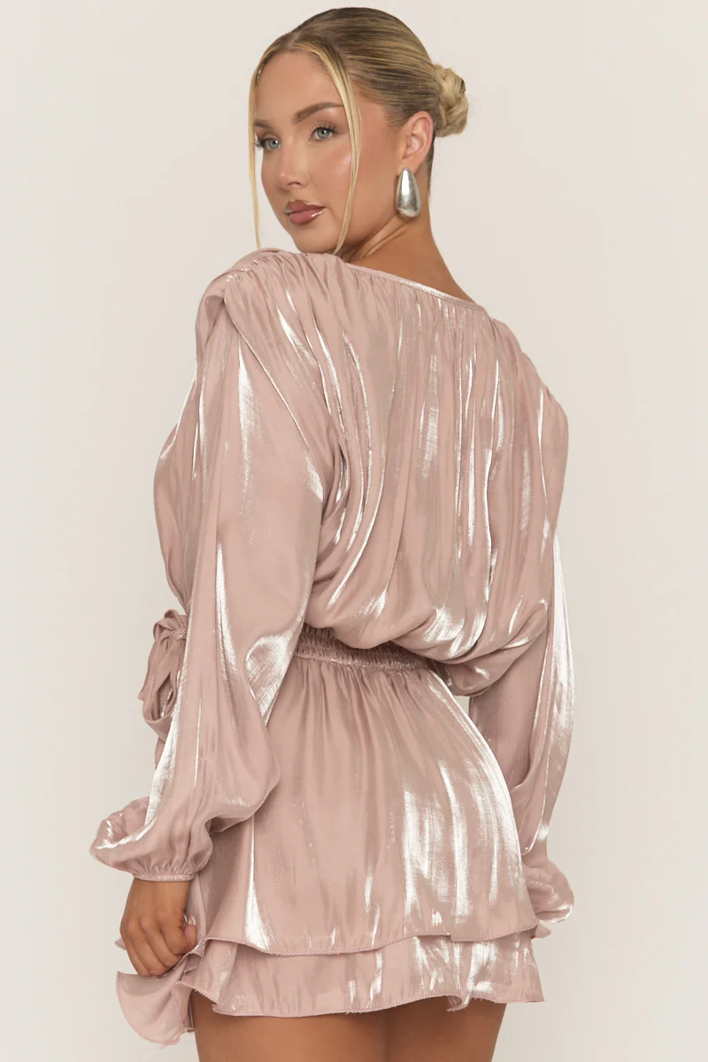 Pink Long Sleeve Tie Detail Ruffle Dress - Zeta - Image 4