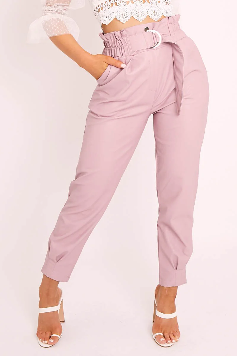 Pink Ring Belt Straight Leg PU Trousers - Jazmine - Image 3