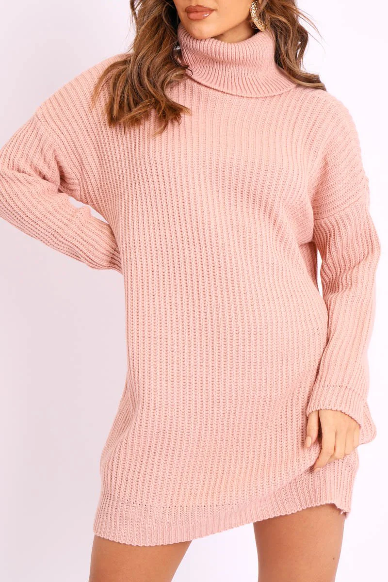 Pink Roll Neck Mini Jumper Dress - Dariyana - Image 3