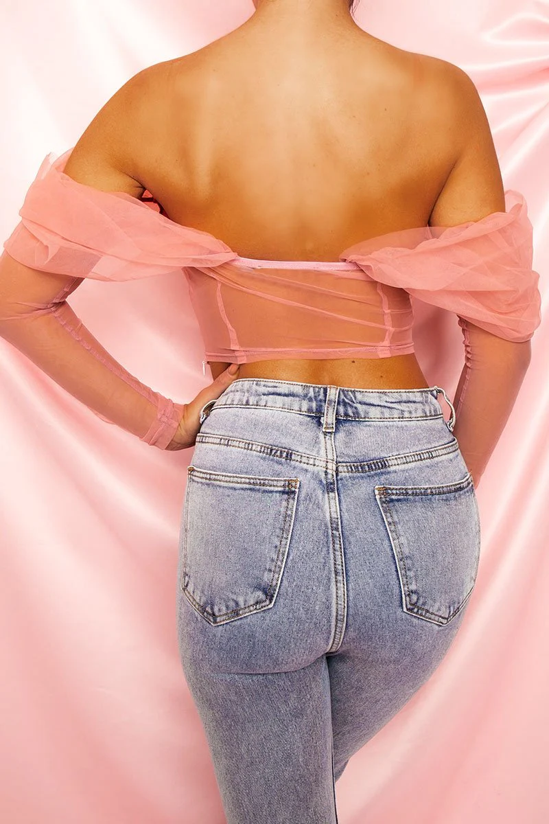 Pink Rose Print Mesh Sleeve Corset Top - Evyanna - Image 3