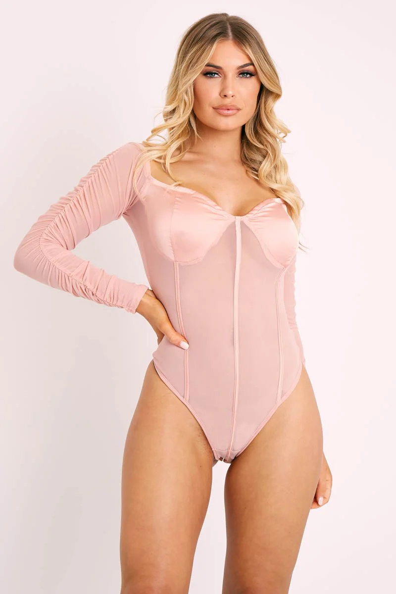 Pink Satin Corset Ruched Arm Bodysuit - Hartlee - Image 4