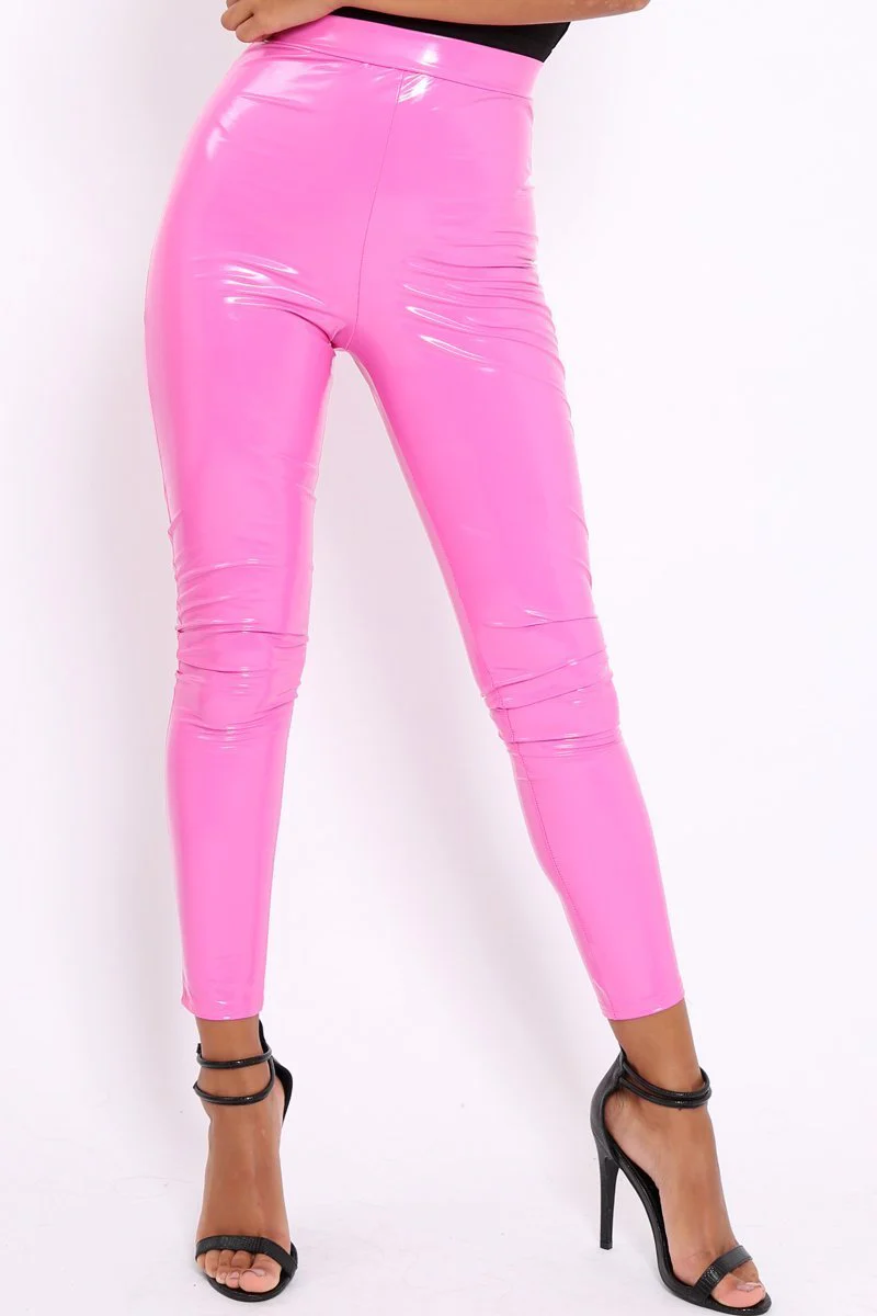 Pink Shiny Vinyl PU Leggings - Rio - Image 3