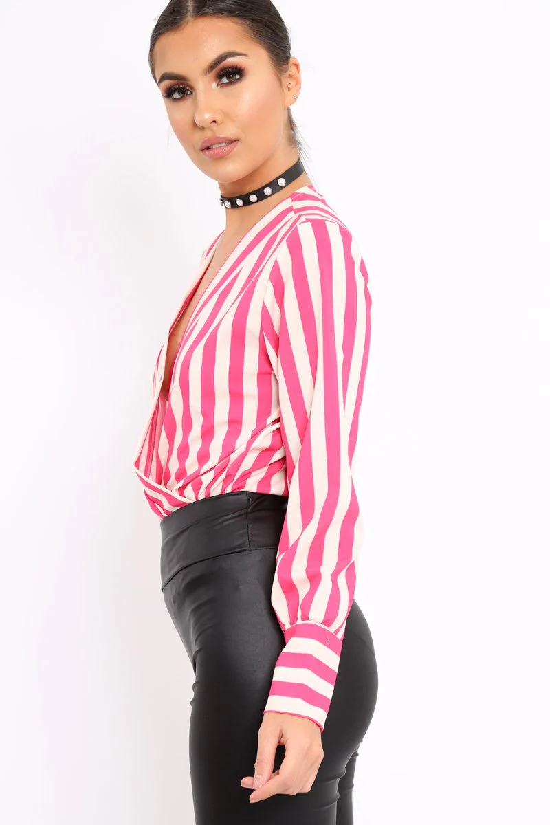 Pink Stripe Plunge Satin Bodysuit - North - Image 3