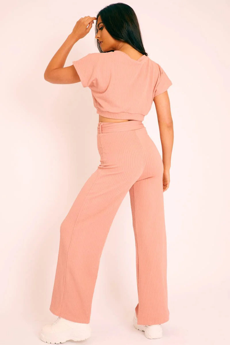 Pink Wide Leg Ribbed Crop Top Loungewear Co-ord - Cesilia - Image 3
