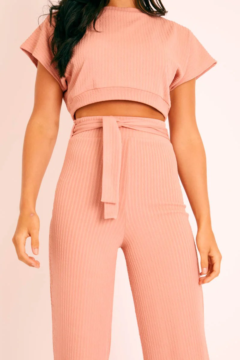 Pink Wide Leg Ribbed Crop Top Loungewear Co-ord - Cesilia - Image 5