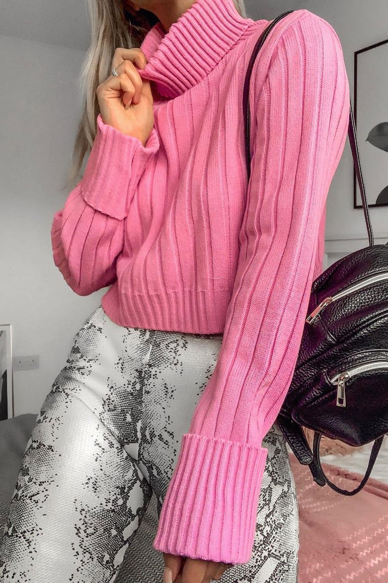 Pink Wide Rib Roll Neck Jumper - Joyanna - Image 3