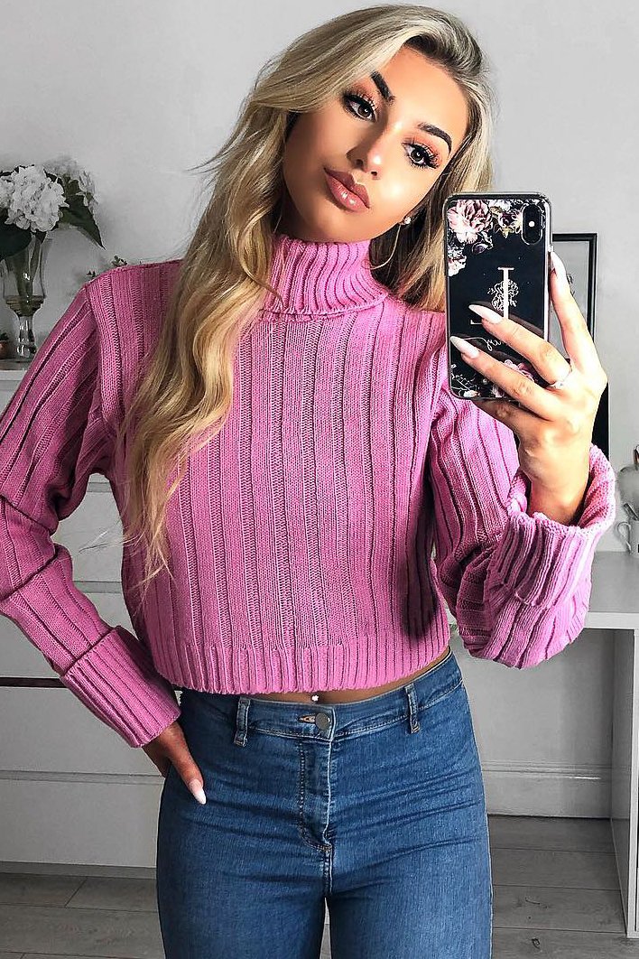 Pink Wide Rib Roll Neck Jumper - Joyanna - Image 5