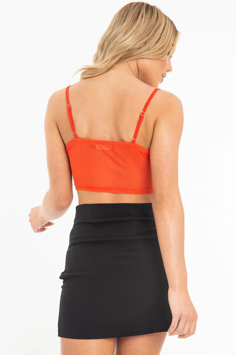 Red Lace Up Mesh Detail Plunge Crop Top - Mimi - Image 4