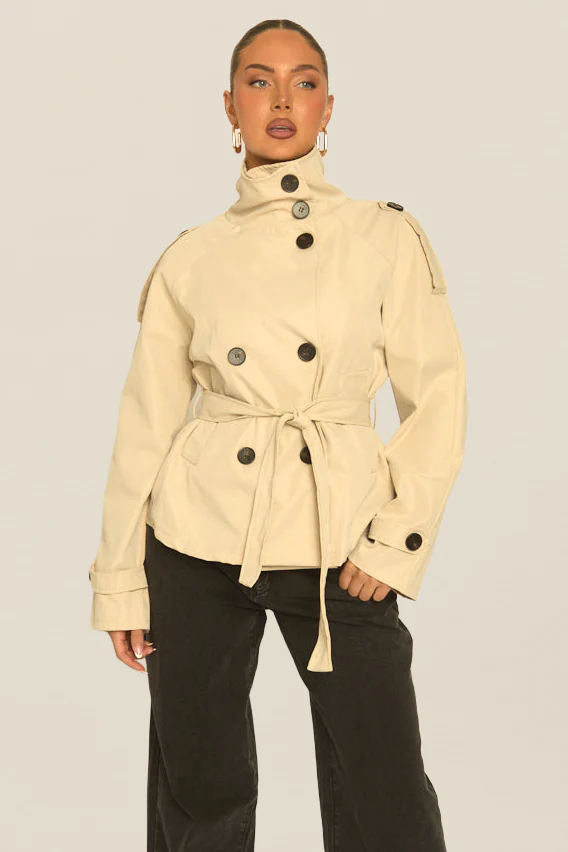 Sand Funnel Neck Cropped Trench Coat - Lexis - Image 5