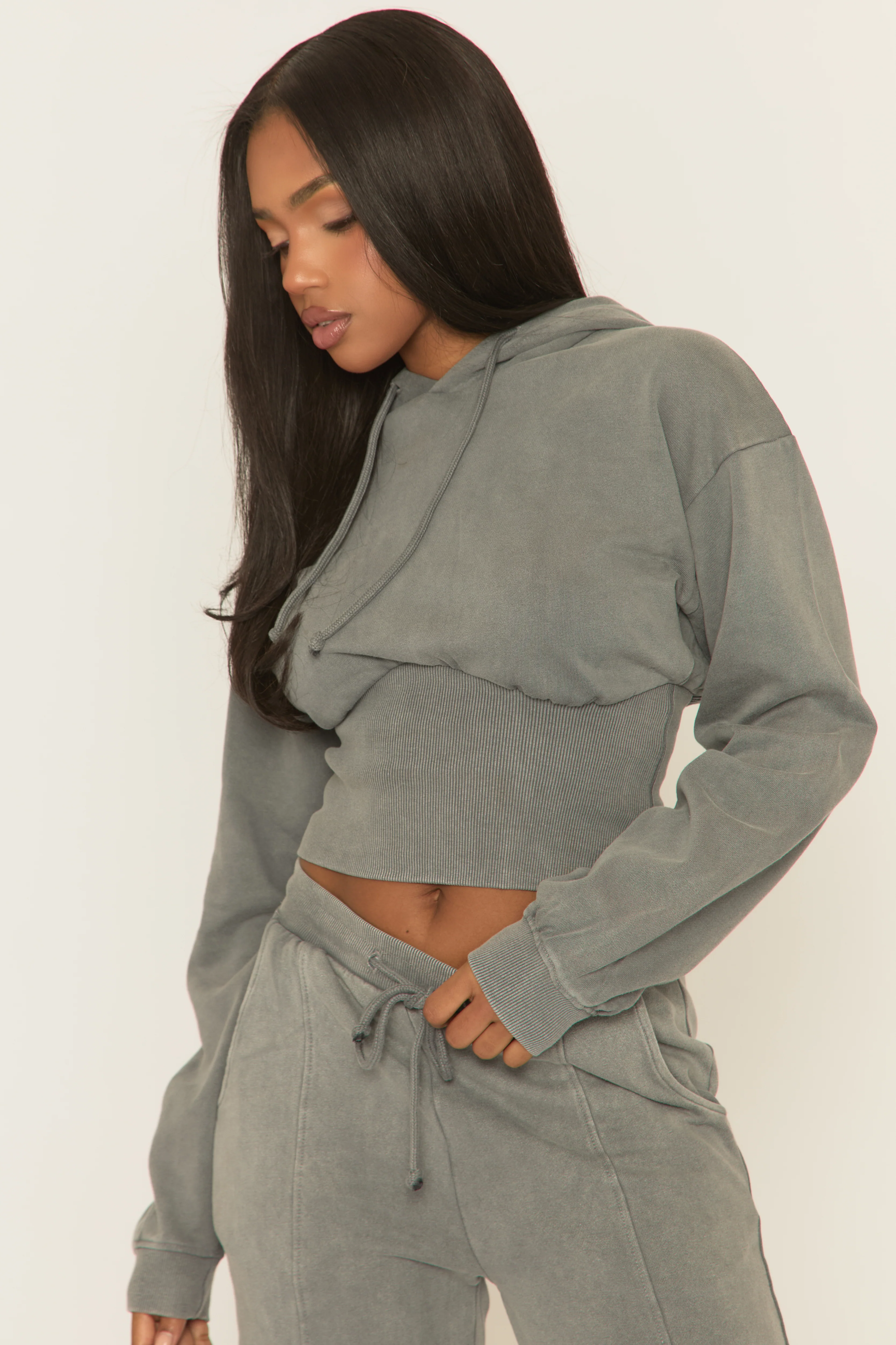 Silver Grey Washed Cinched Waist Hoody and Joggers Loungewear Co-ord Set - Destiny - Image 3