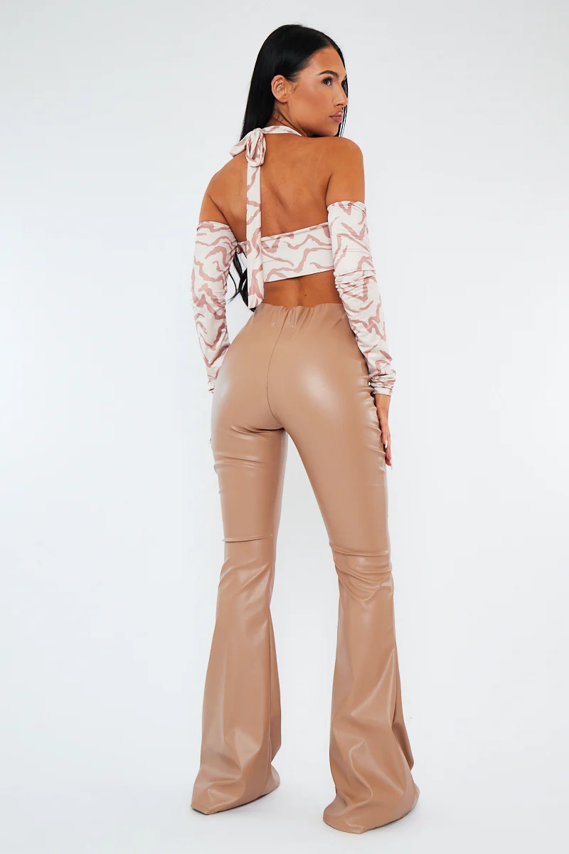Stone PU Leather Dipped Waist Flare Trousers - Scarlett - Image 3