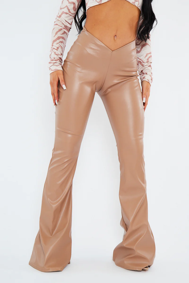 Stone PU Leather Dipped Waist Flare Trousers - Scarlett - Image 4