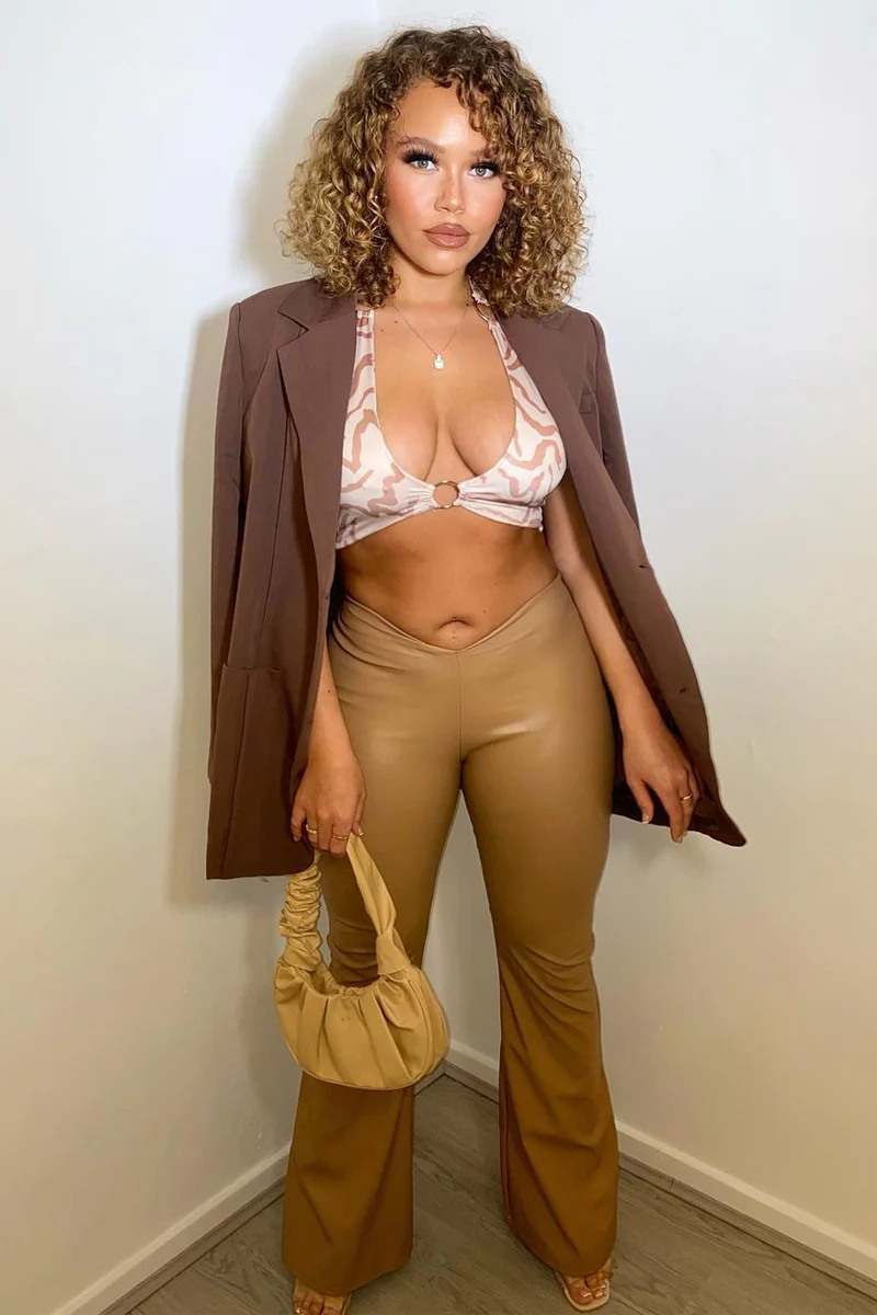 Stone PU Leather Dipped Waist Flare Trousers - Scarlett - Image 9