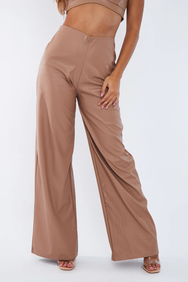Tan PU Croc Leather Straight Leg Trousers - Sevyn - Image 3