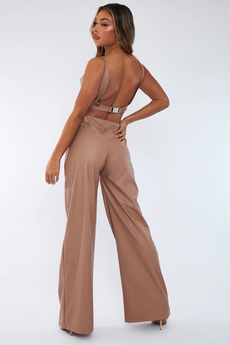 Tan PU Croc Leather Straight Leg Trousers - Sevyn - Image 4