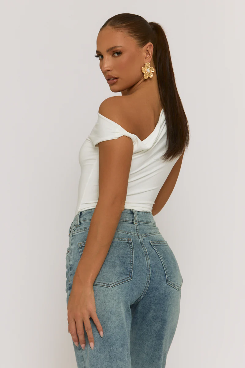 White Asymmetric Off Shoulder Bodysuit - Misba - Image 3