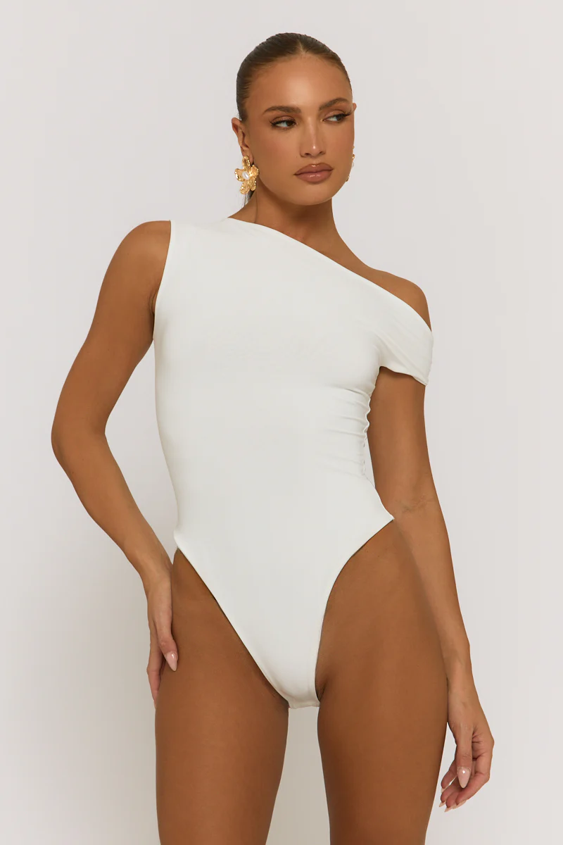 White Asymmetric Off Shoulder Bodysuit - Misba - Image 4