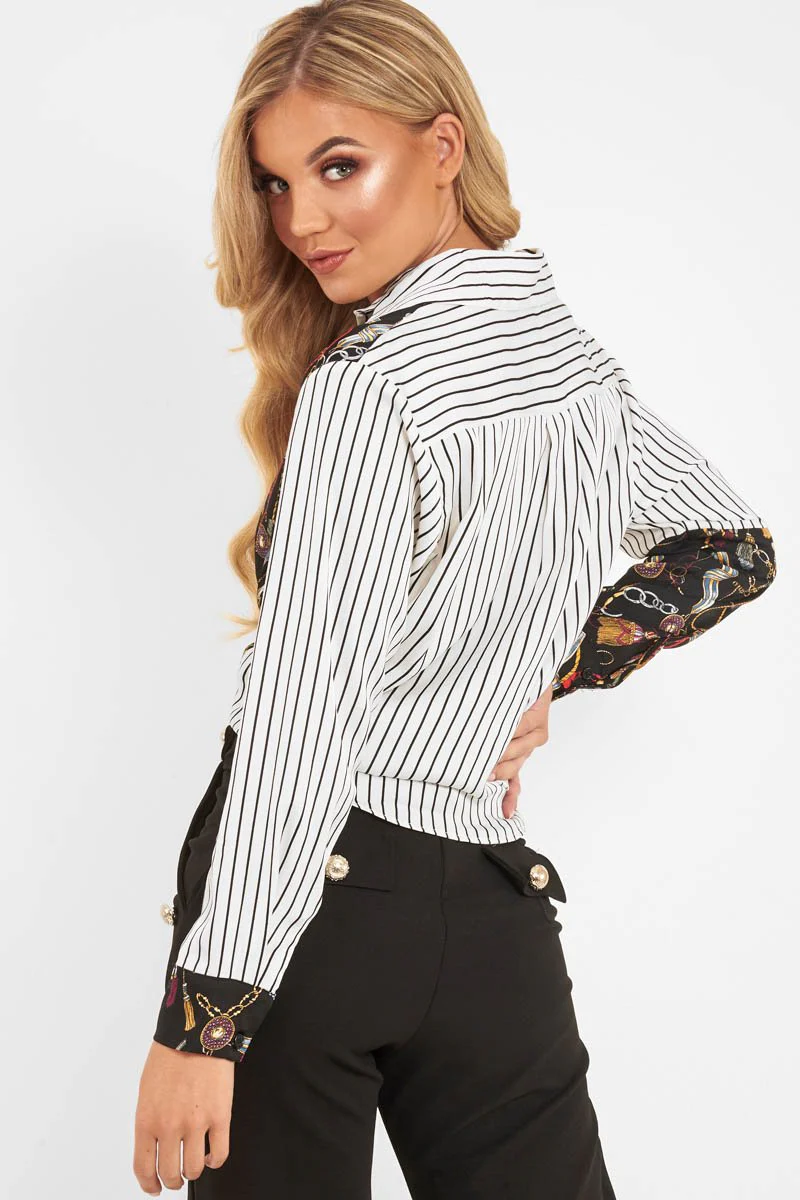 White Black Pinstripe Chain Print Insert Shirt - Georgena - Image 4