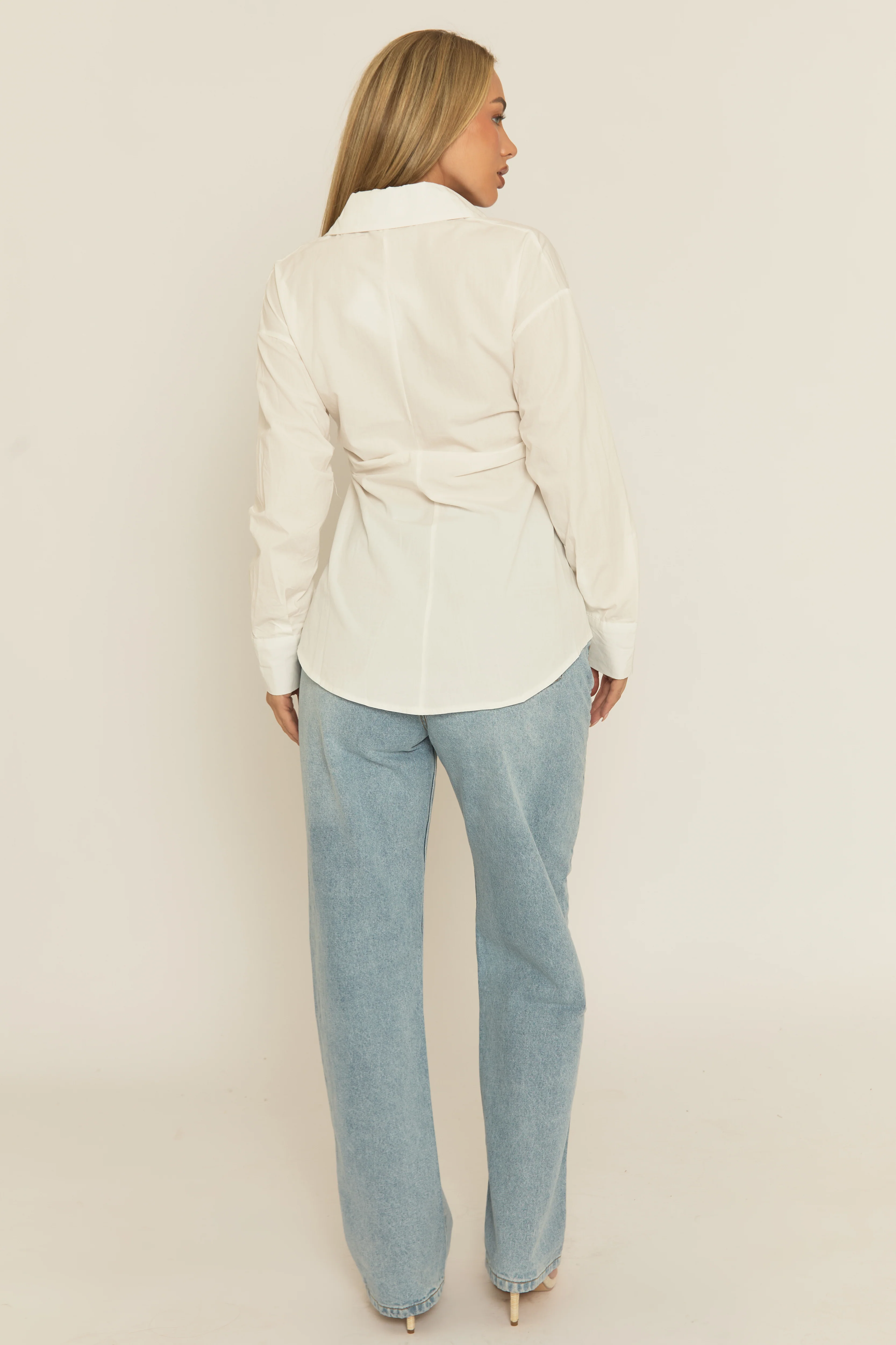 White Cinched Waist Long Sleeve Shirt - Tarla - Image 4