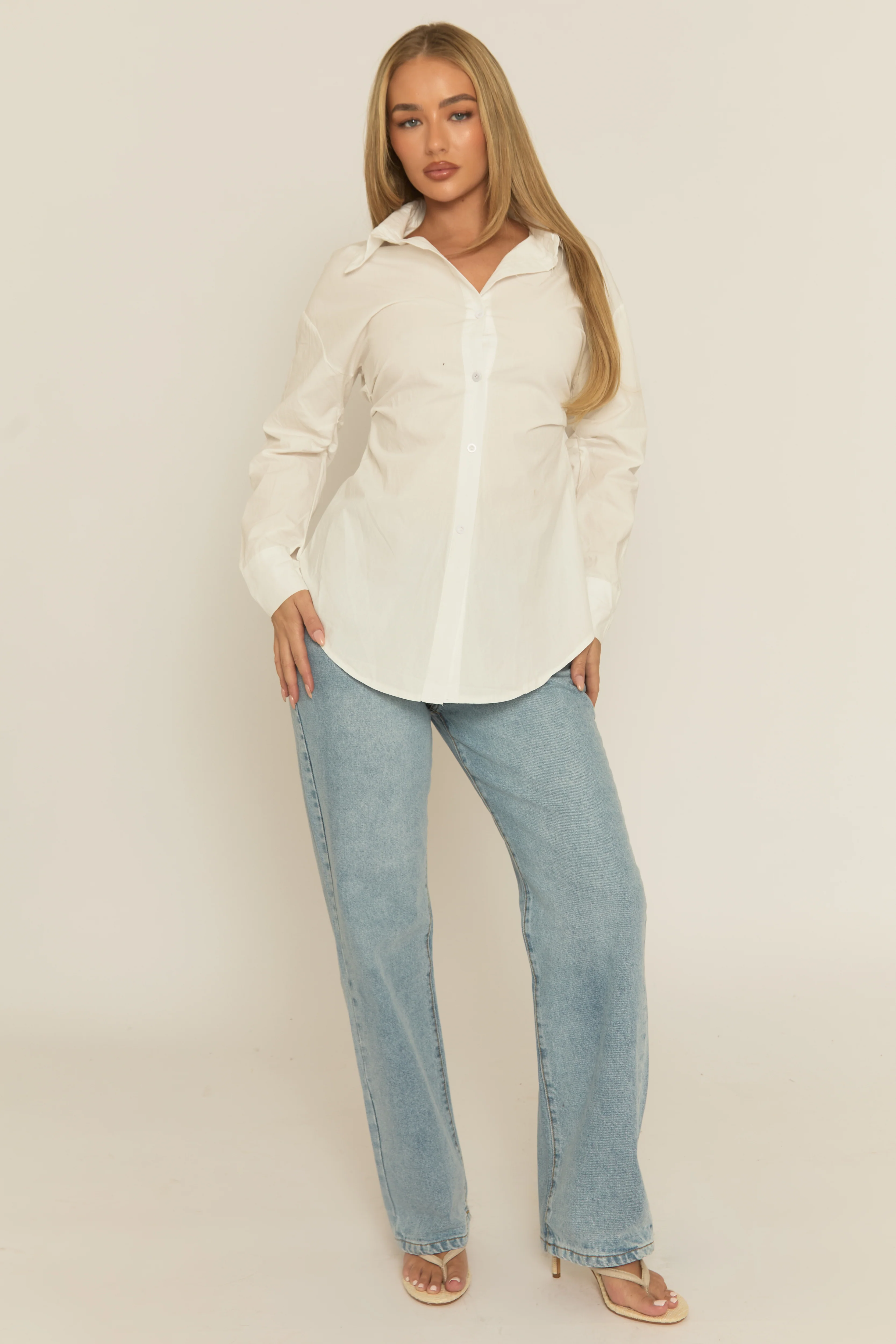 White Cinched Waist Long Sleeve Shirt - Tarla - Image 5