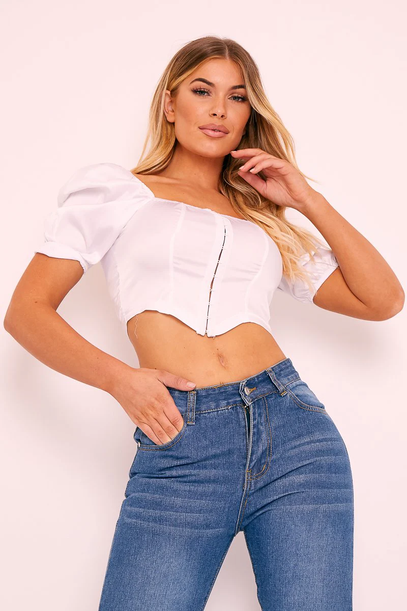 White Corset Satin Hook and Eye Crop Top - Andreia - Image 3