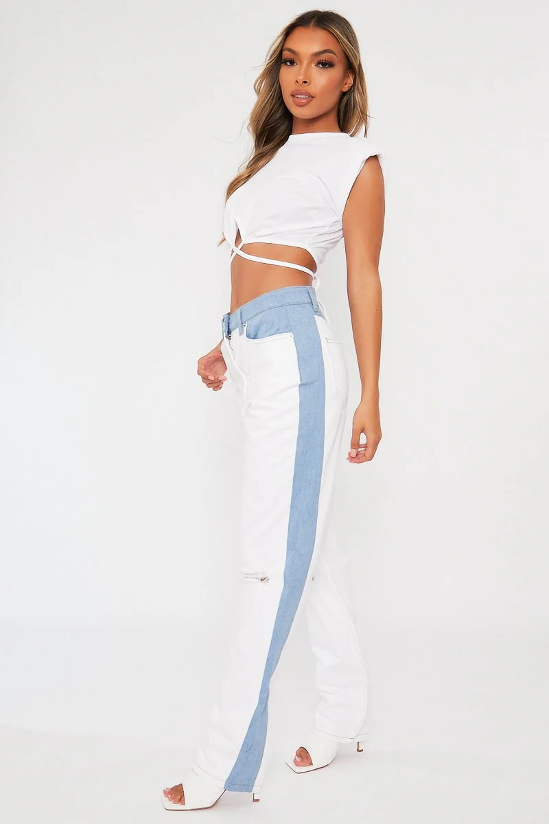 White Hem Tie Shoulder Pad Crop Top - Riya - Image 4