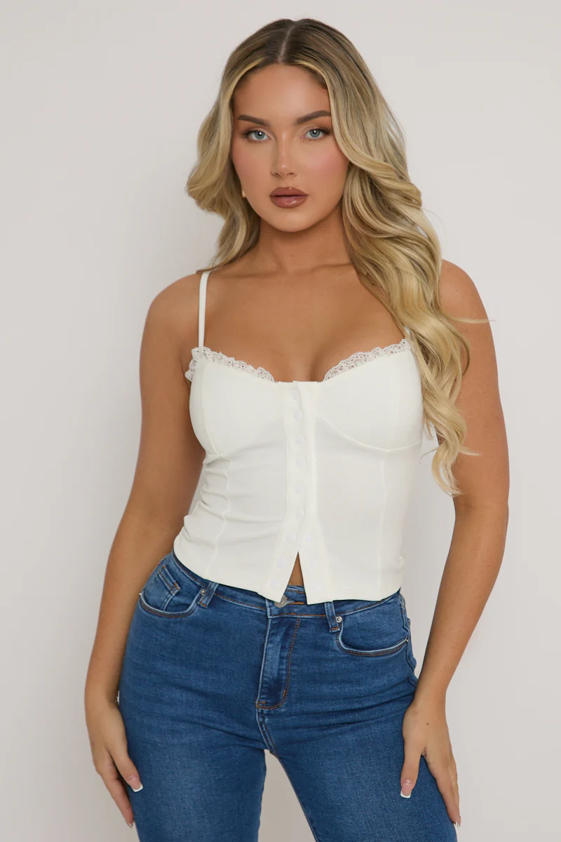 White Lace Trim Button Down Corset Top - Merilyn - Image 3