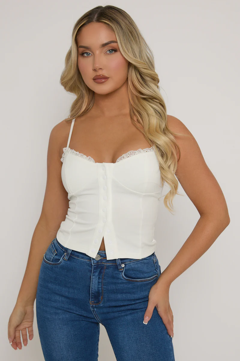 White Lace Trim Button Down Corset Top - Merilyn - Image 4