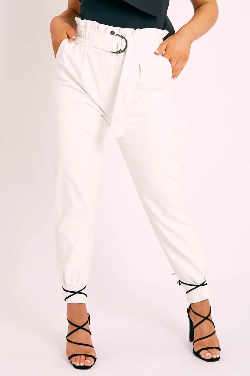 White Ring Belt Straight Leg PU Trousers - Jazmine - Image 4