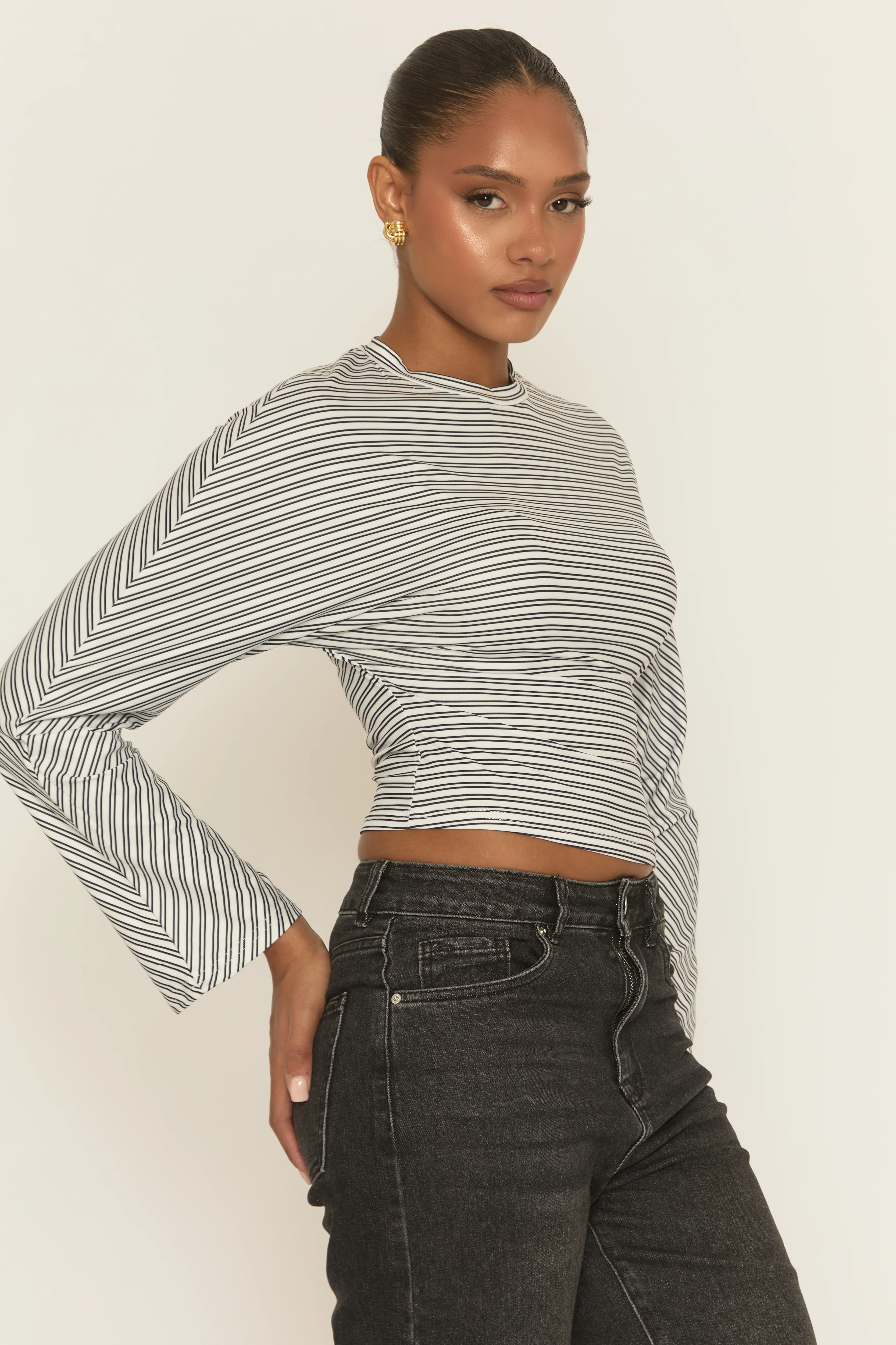 White Striped Cinched Waist Top - Mallie - Image 4
