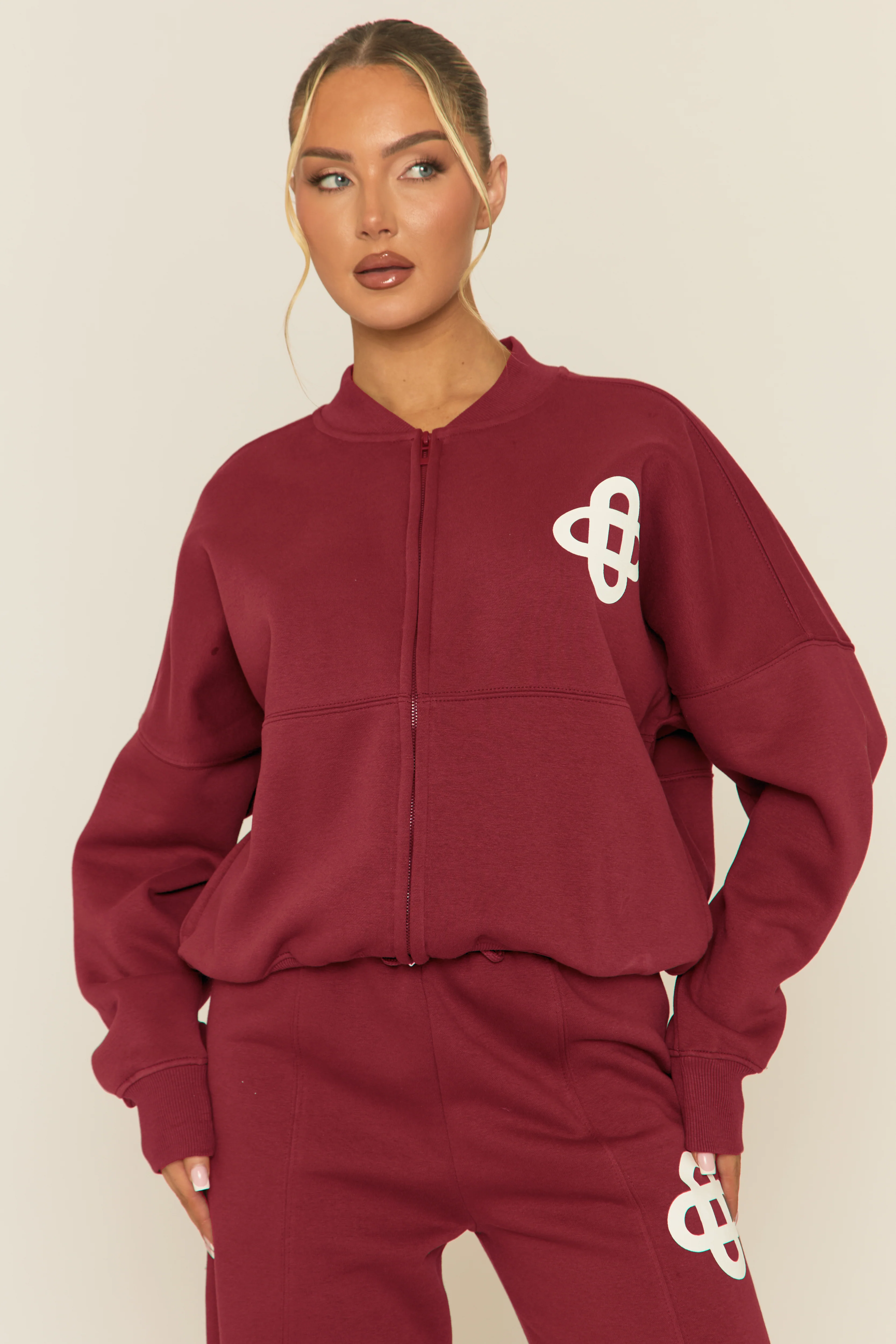 Wine Contrast Motif Zip Front Bomber And Joggers Loungewear Co-ord Set - Ranelle - Image 3
