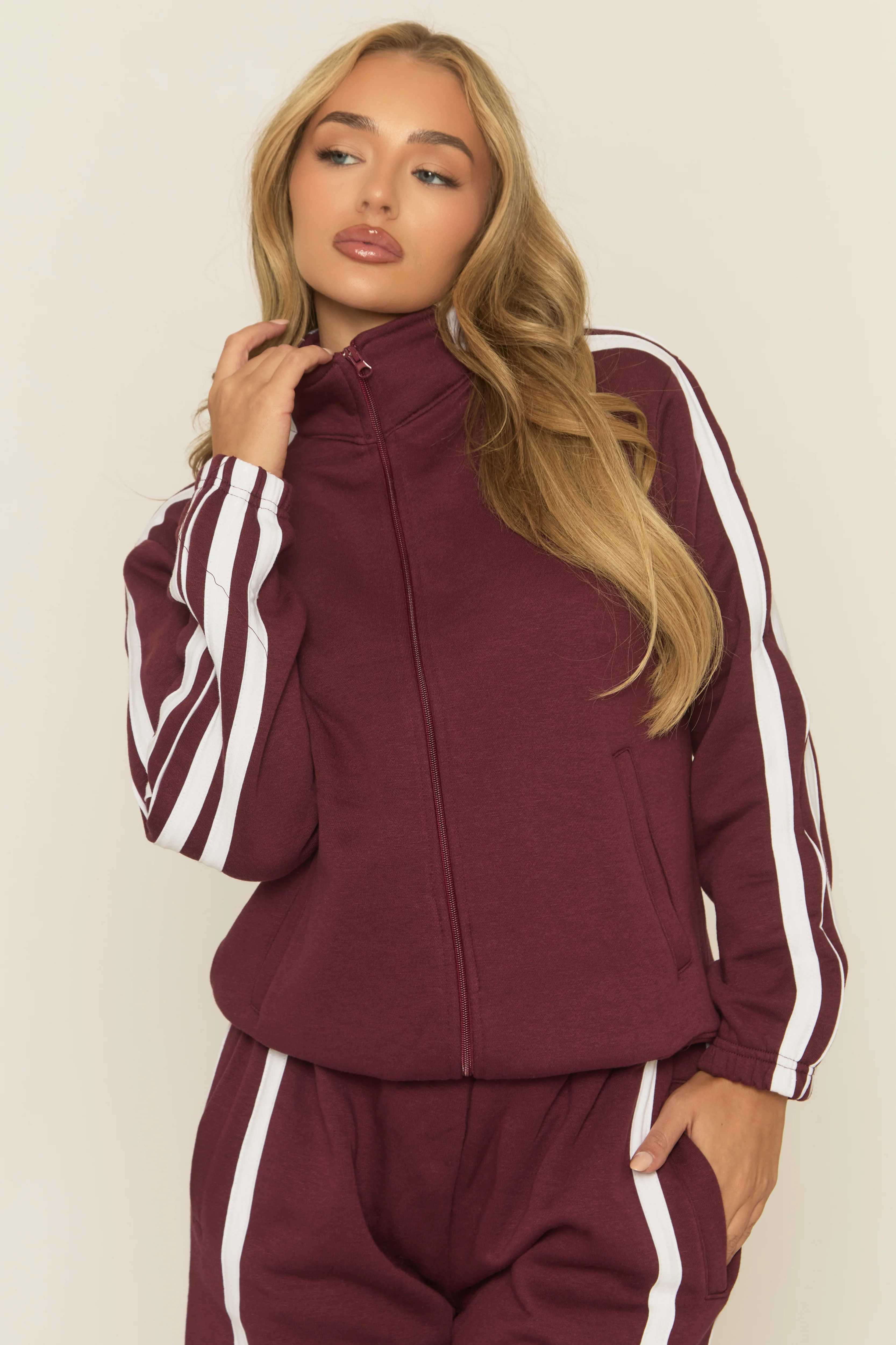 Wine Contrast Stripe Jacket and Joggers Loungewear Co-ord Set - Denika - Image 3