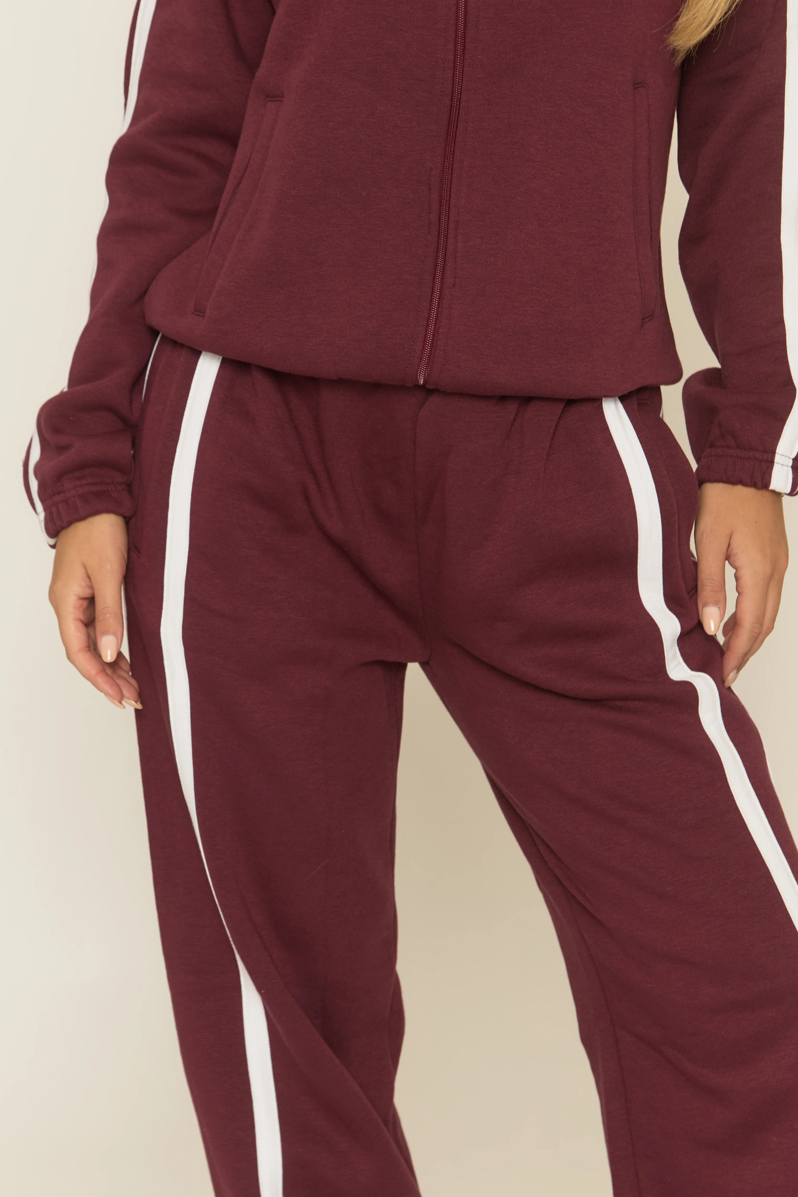 Wine Contrast Stripe Jacket and Joggers Loungewear Co-ord Set - Denika - Image 4