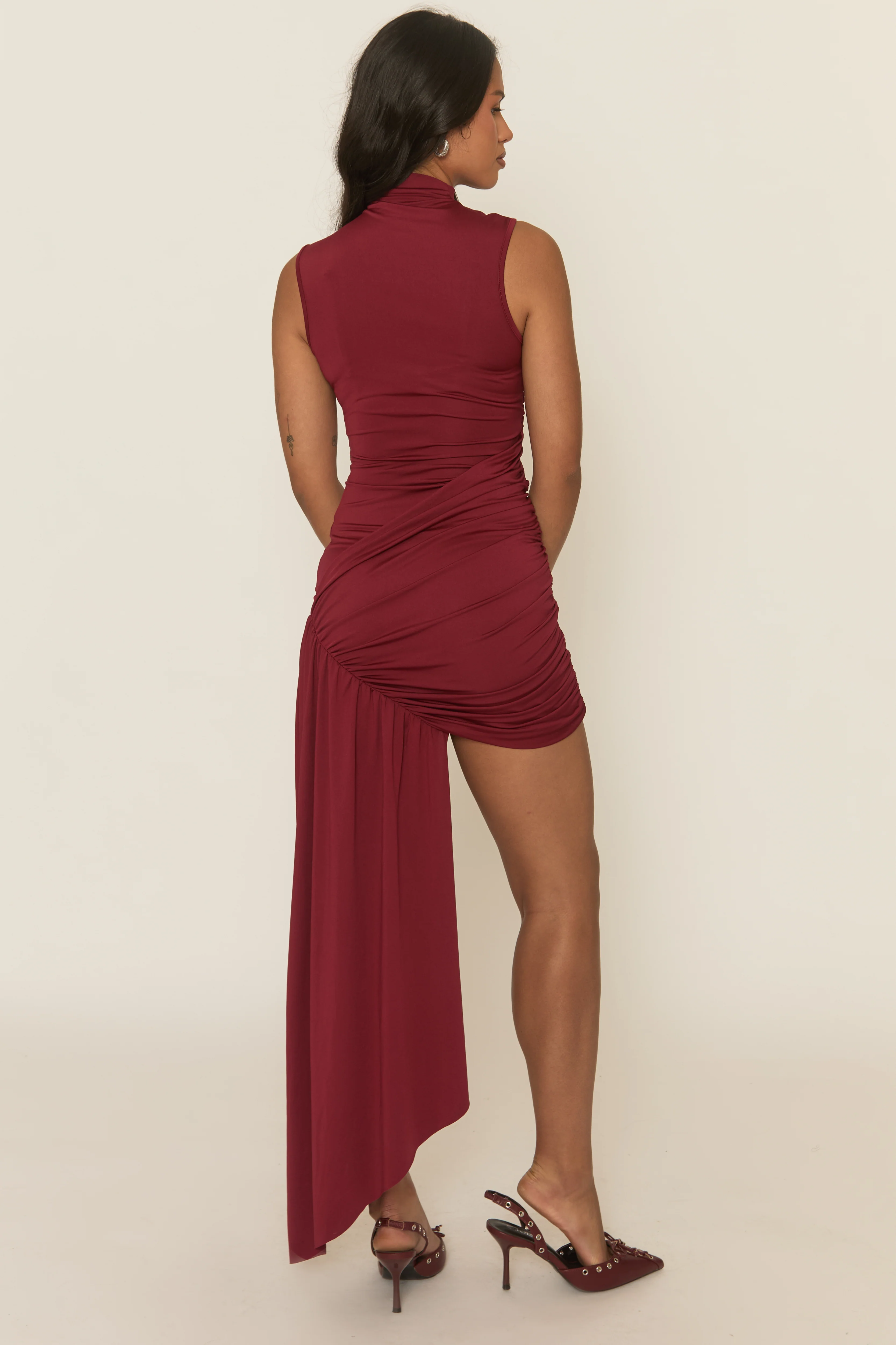 Wine Draped Asymmetric Mini Dress - Esha - Image 5