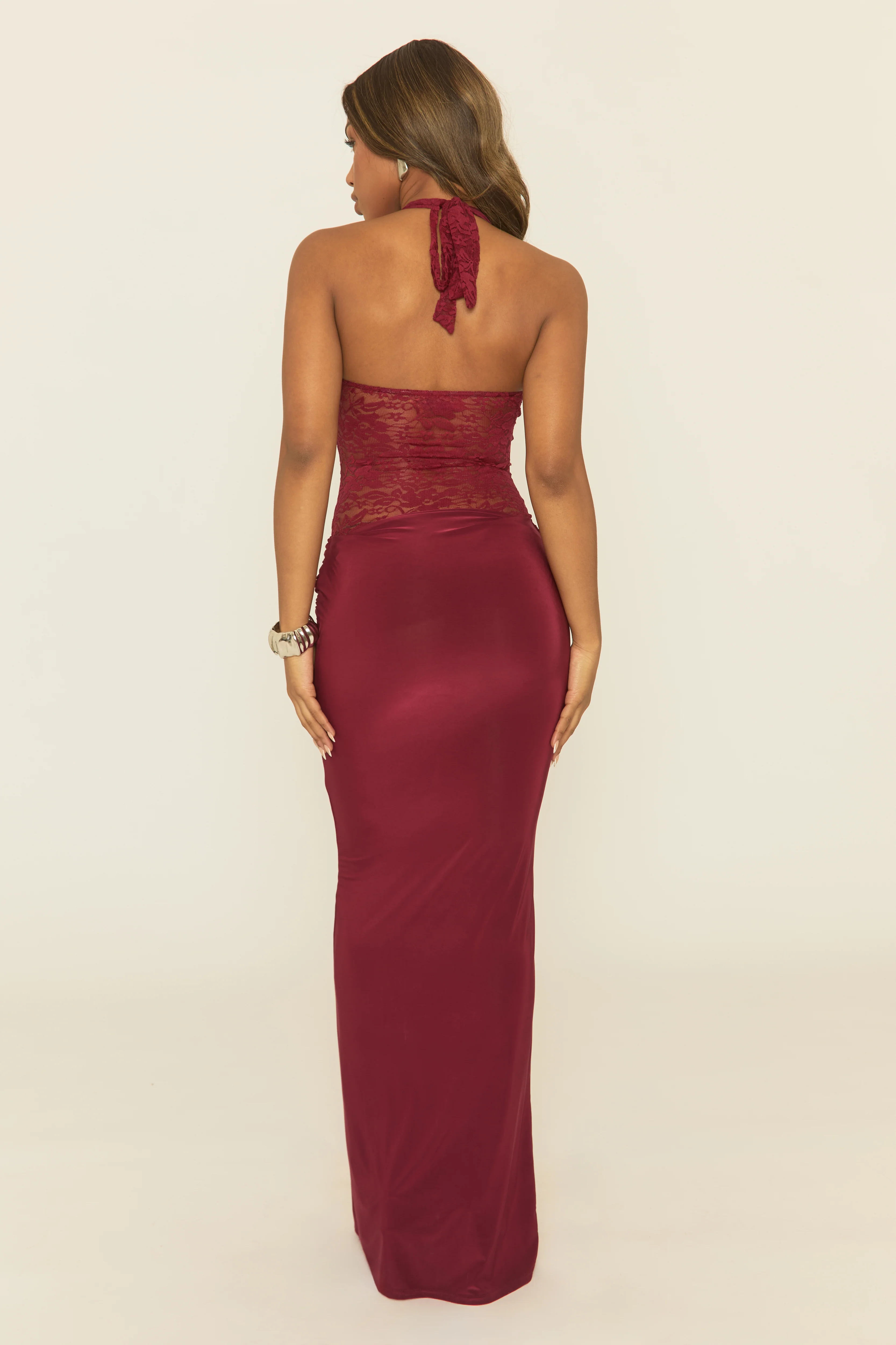 Wine Lace Plunge Halterneck Maxi Dress - Melek - Image 5