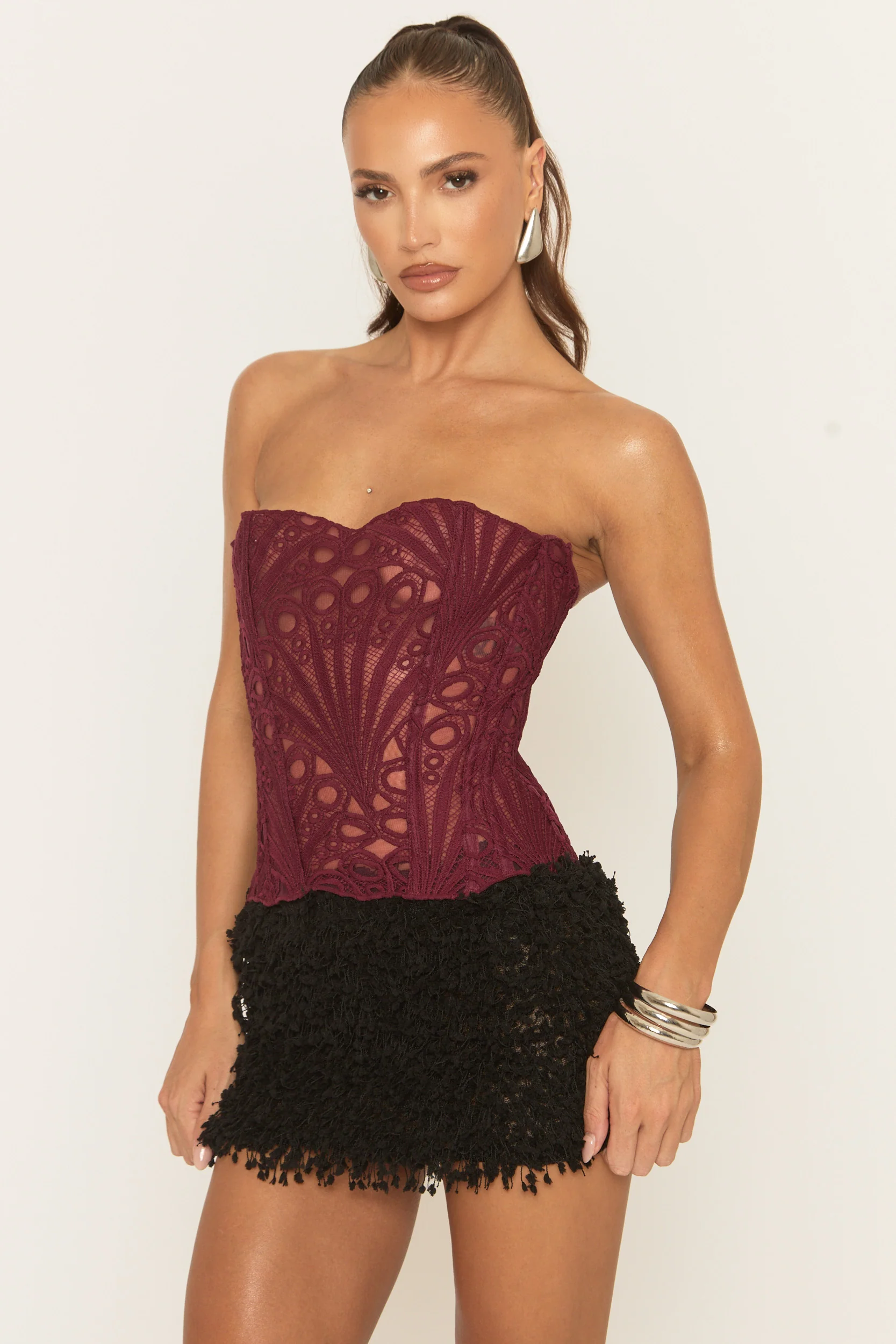 Wine Mesh Lace Bandeau Corset - Ezmi - Image 4