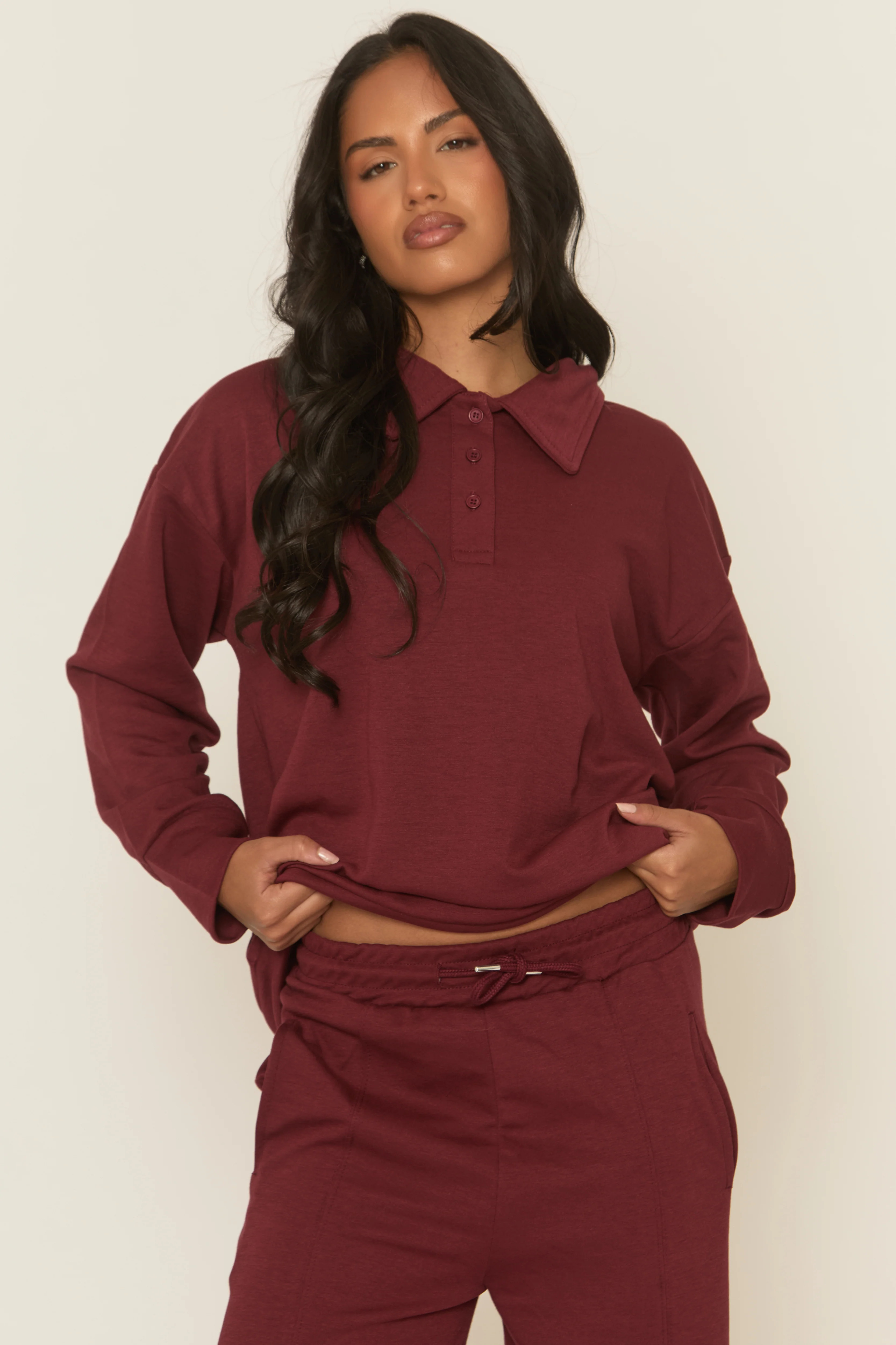 Wine Polo Collared Loungewear Co-ord Set - Madisyn - Image 3