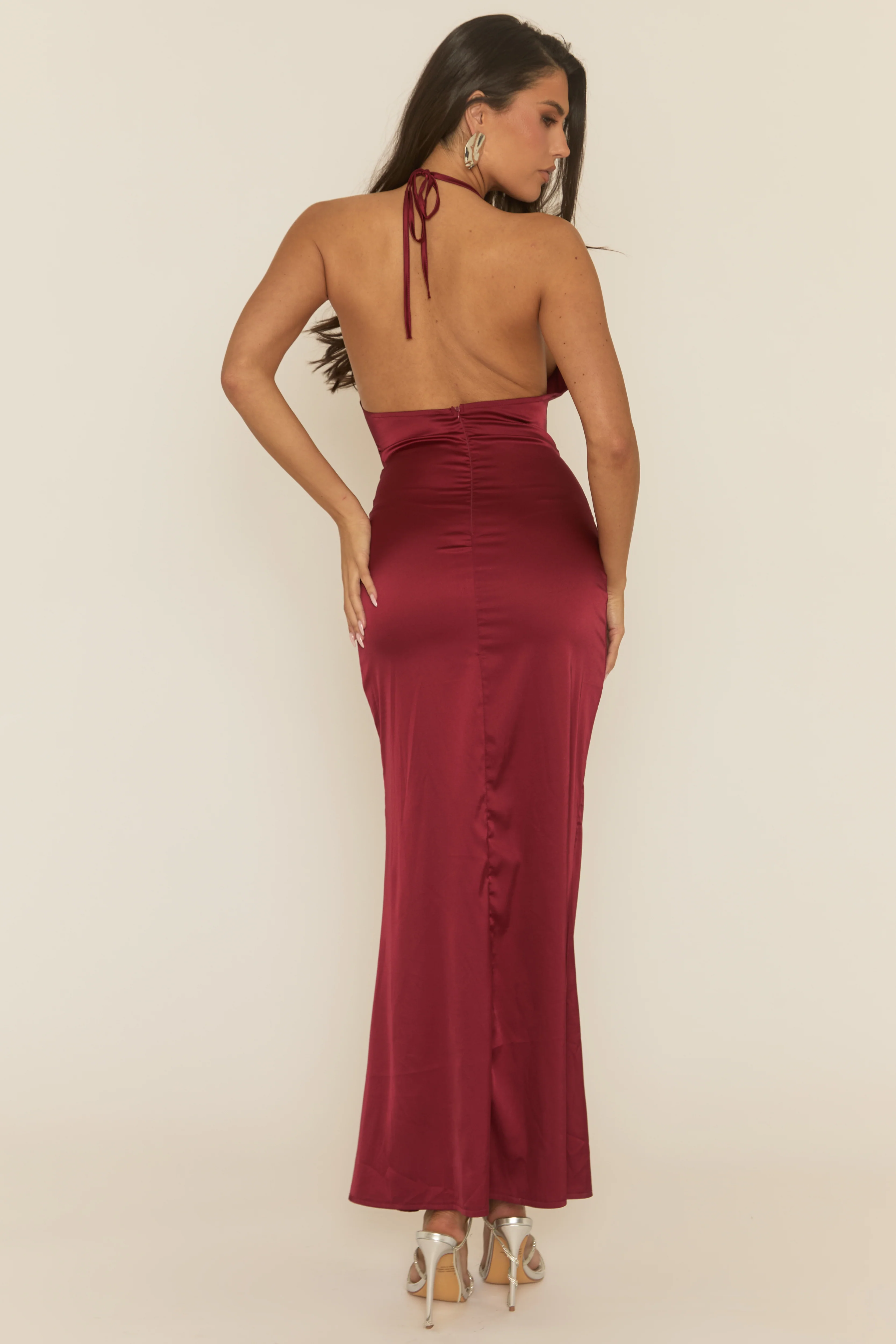 Wine Satin Cowl Neck Maxi Dress - Tansie - Image 5