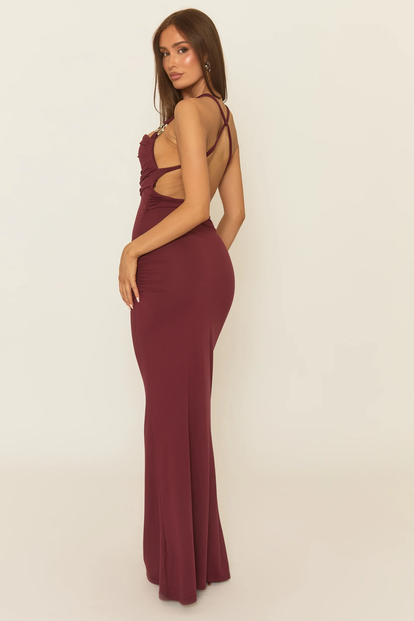 Wine Trim Detail Cowl Halterneck Maxi Dress - Arida - Image 4