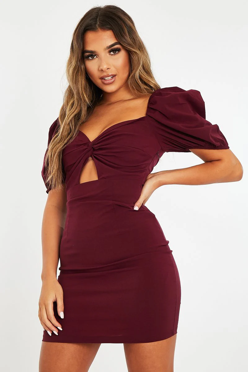 Wine Twist Front Puff Sleeve Mini Dress - Dalexa - Image 3
