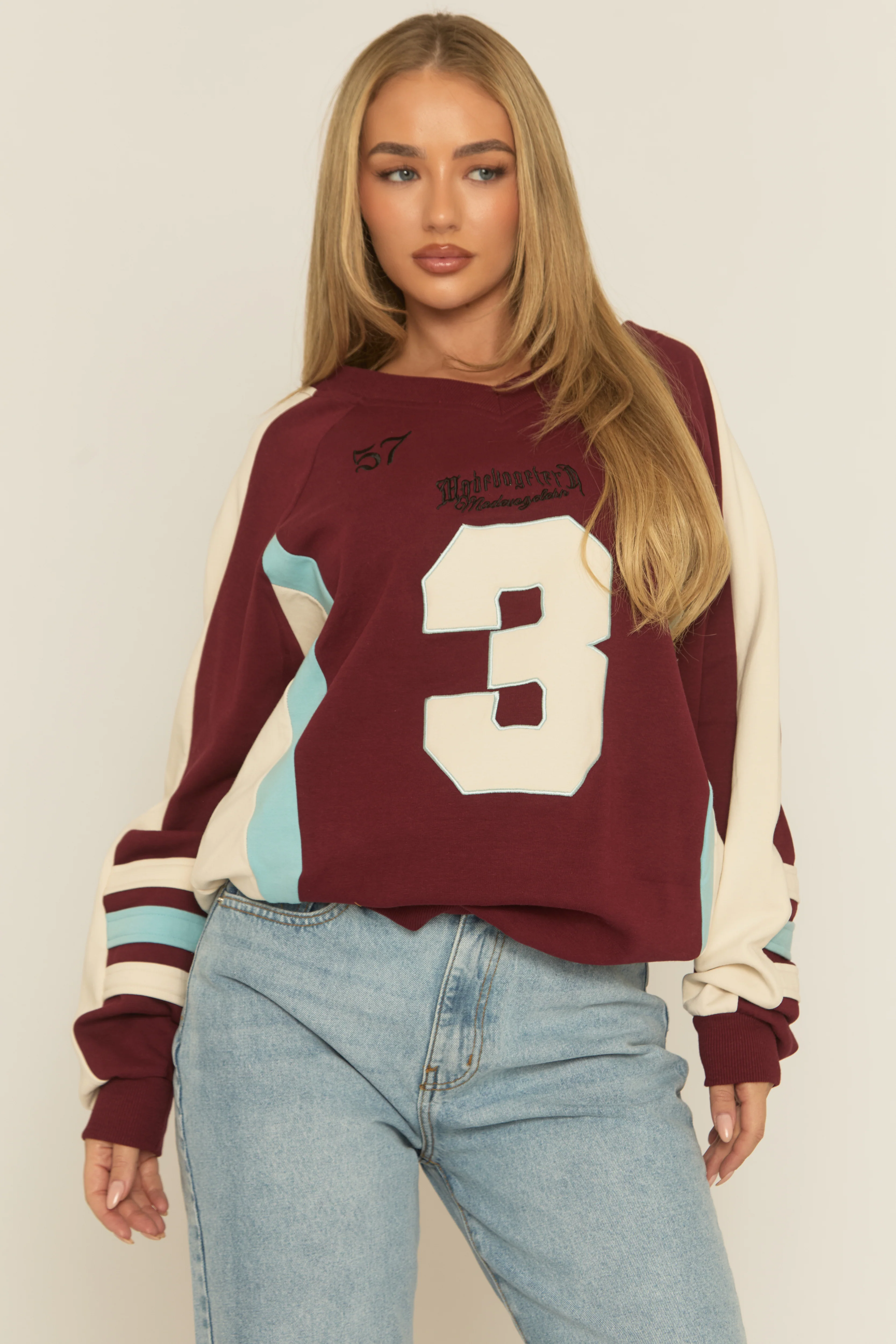 Wine Varsity Embroidered Oversized Sweater - Ameela - Image 3