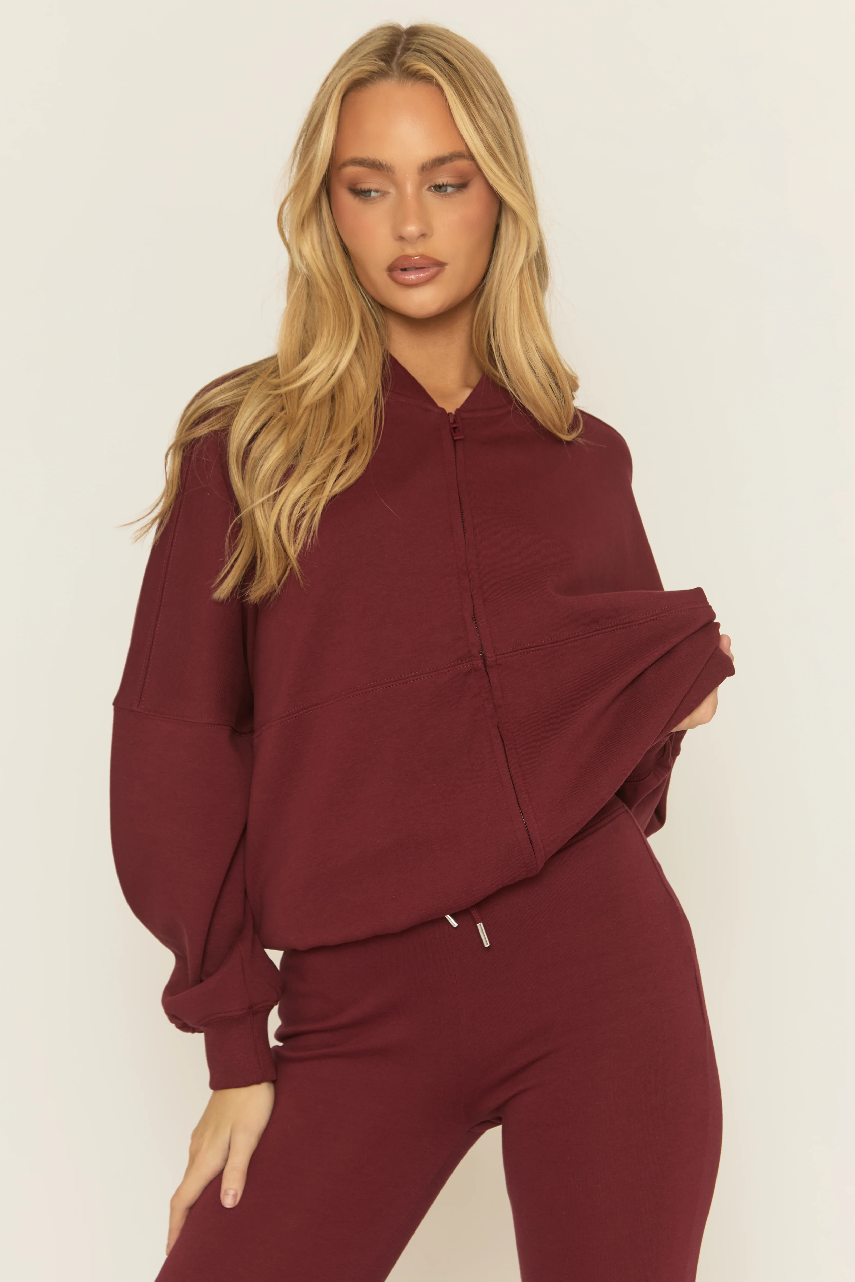 Wine Zip Front Bomber And Flare Joggers Loungewear Co-ord Set - Lonie - Image 3