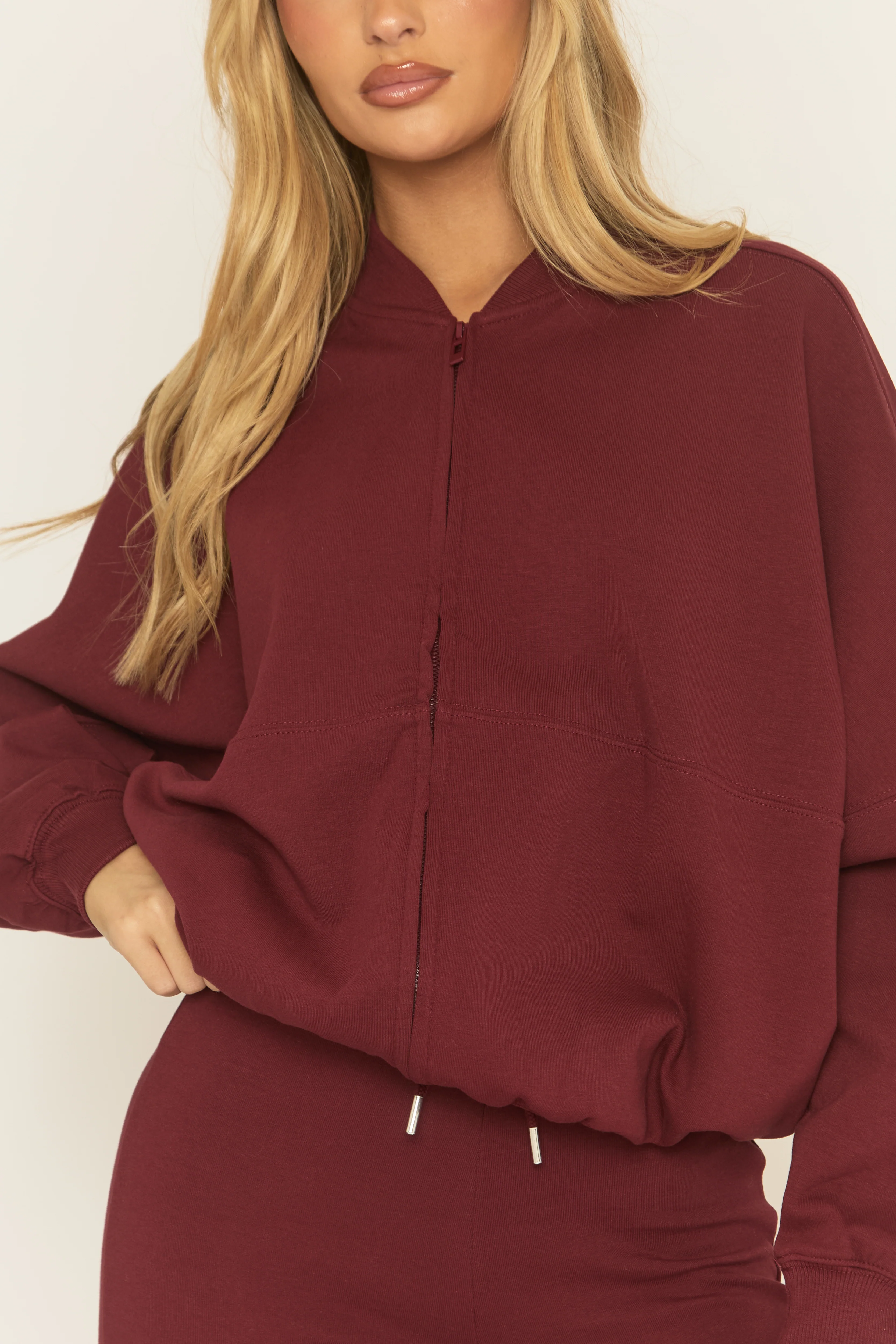 Wine Zip Front Bomber And Flare Joggers Loungewear Co-ord Set - Lonie - Image 4