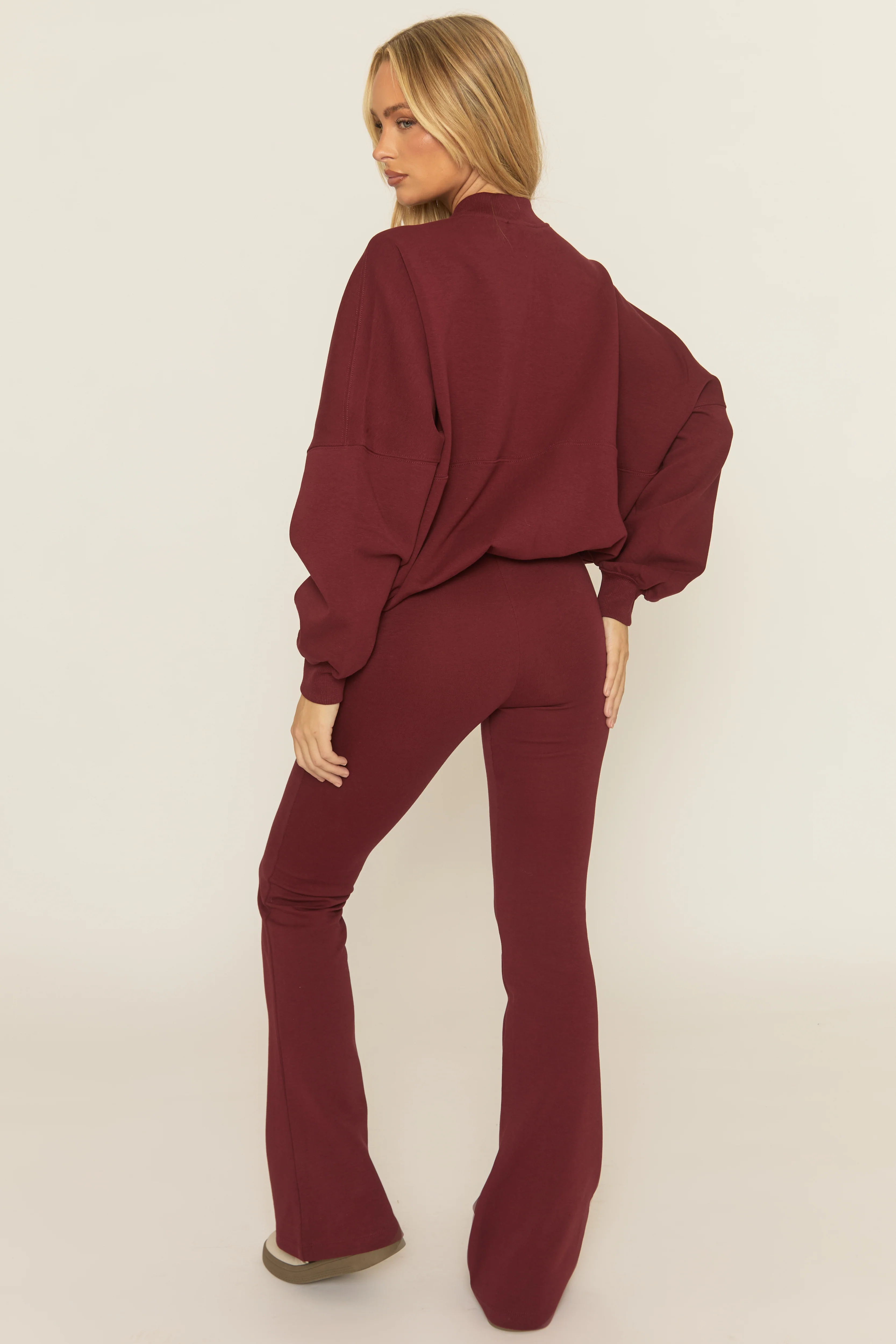 Wine Zip Front Bomber And Flare Joggers Loungewear Co-ord Set - Lonie - Image 5