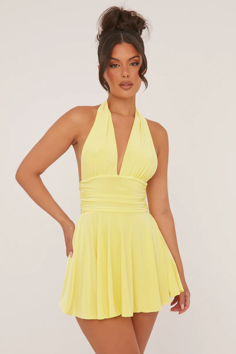 Yellow Halter Plunge Neck Mini Dress - Pippa - Image 3