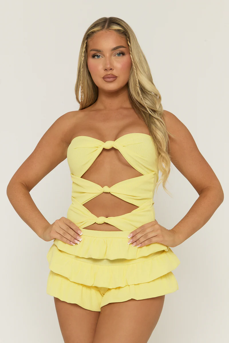 Yellow Knot Detail Bodysuit & Tiered Mini Skort Co-ord Set - Abigail - Image 4