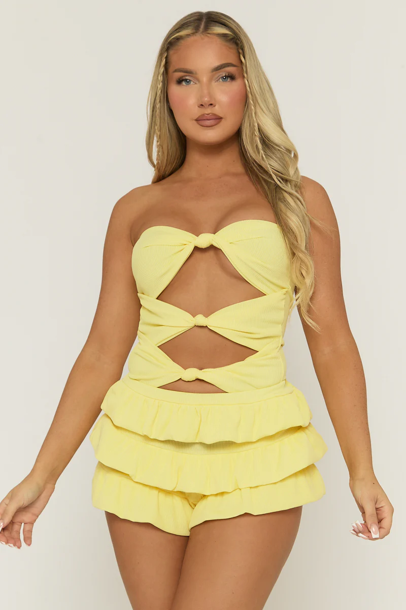 Yellow Knot Detail Bodysuit & Tiered Mini Skort Co-ord Set - Abigail - Image 7