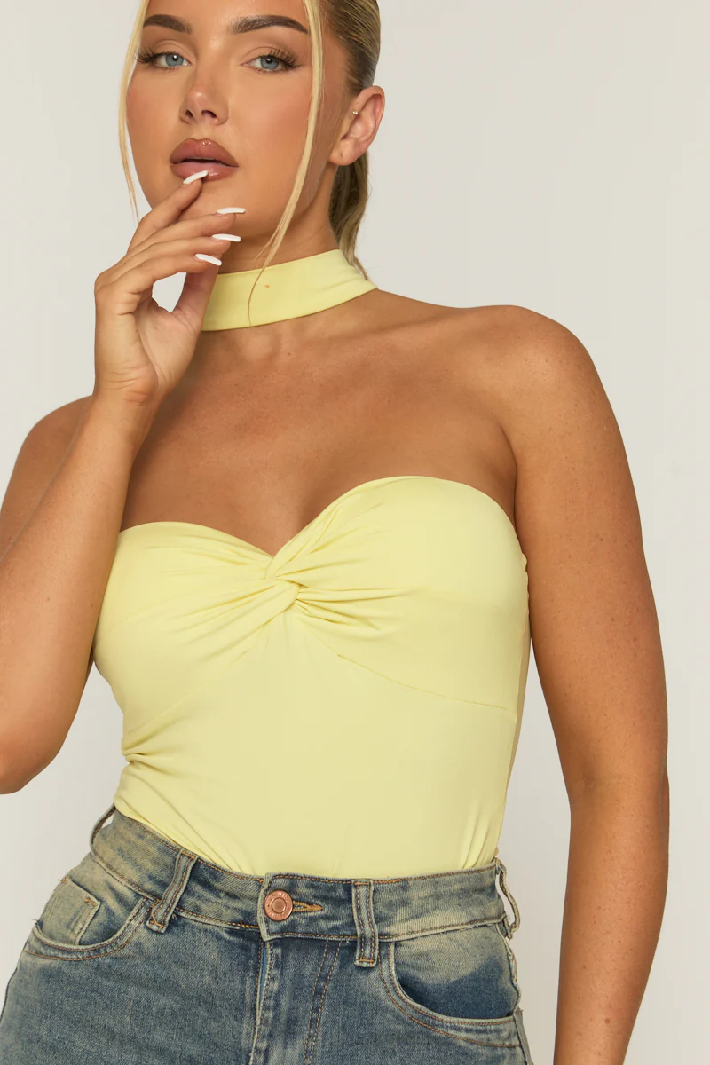 Yellow Ruched Bust Choker Detail Bodysuit - Singapore - Image 3
