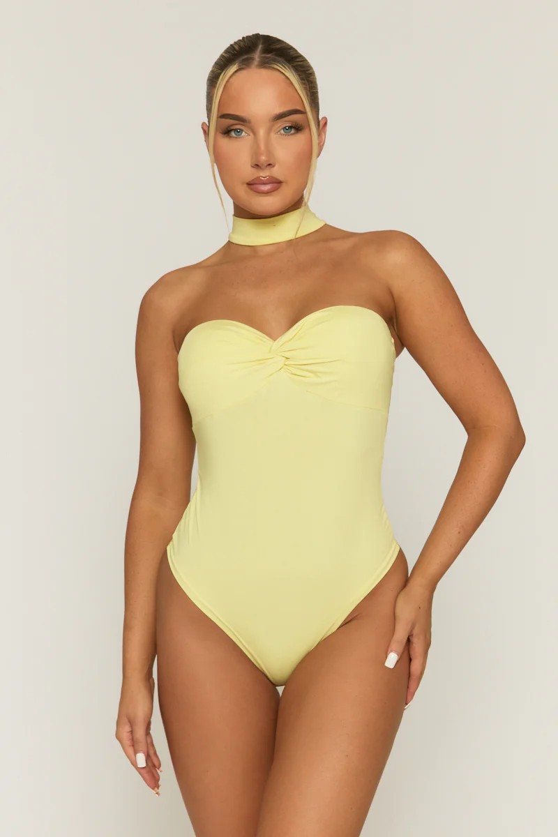 Yellow Ruched Bust Choker Detail Bodysuit - Singapore - Image 4